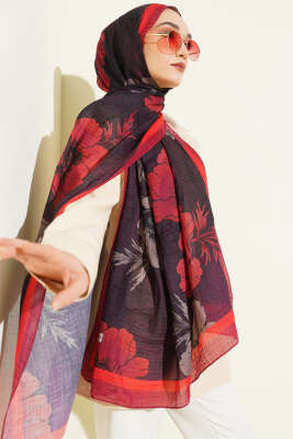 Çiçek Desenli Müslin Şal Kırmızı - Başörtüsü