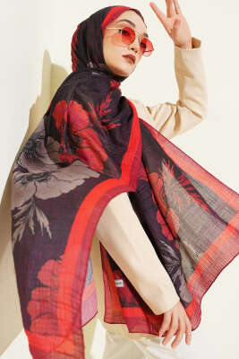 Çiçek Desenli Müslin Şal Kırmızı 