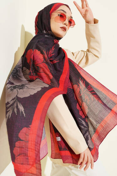 Çiçek Desenli Müslin Şal Kırmızı - Günün Seçilenleri