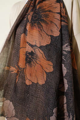 Çiçek Desenli Müslin Şal Kum Bej - Başörtüsü