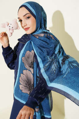 Çiçek Desenli Müslin Şal Lacivert - VERTU (NYD TEKSTİL)