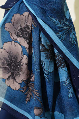 Çiçek Desenli Müslin Şal Lacivert - Günün Seçilenleri