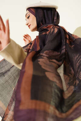 Çiçek Desenli Müslin Şal Mürdüm - VERTU (NYD TEKSTİL)