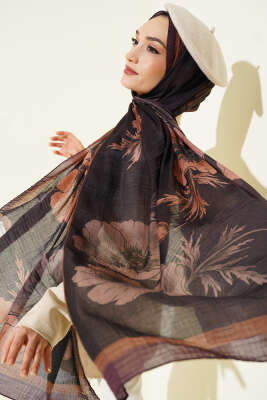 Çiçek Desenli Müslin Şal Mürdüm - Başörtüsü