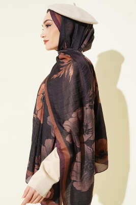 Çiçek Desenli Müslin Şal Mürdüm - Başörtüsü