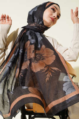 Çiçek Desenli Müslin Şal Siyah - VERTU (NYD TEKSTİL)