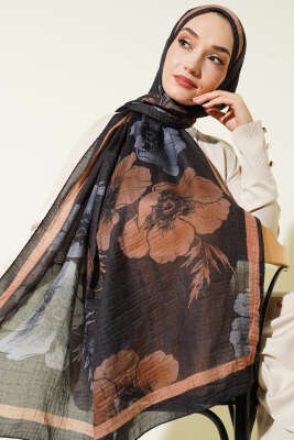 Çiçek Desenli Müslin Şal Siyah - Başörtüsü