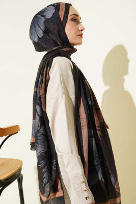 Çiçek Desenli Müslin Şal Siyah - Başörtüsü