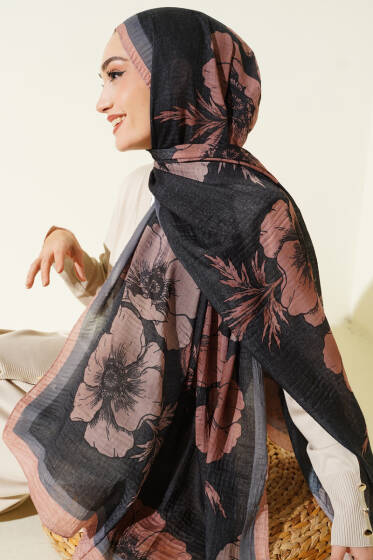 Çiçek Desenli Müslin Şal Siyah Latte - Günün Seçilenleri