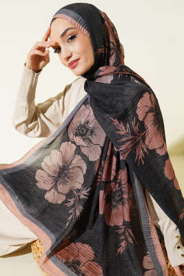Çiçek Desenli Müslin Şal Siyah Latte - Günün Seçilenleri