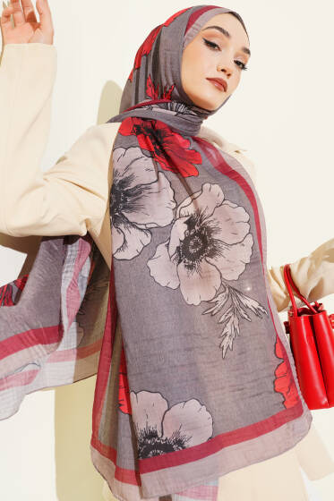 Çiçek Desenli Müslin Şal Vizon - Günün Seçilenleri