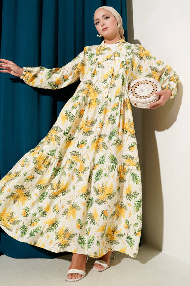 Çiçek Desenli Patlı Elbise Sarı - Elbise