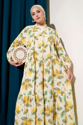 Çiçek Desenli Patlı Elbise Sarı - Tesettür Elbise