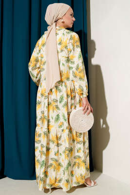 Çiçek Desenli Patlı Elbise Sarı - Tesettür Elbise