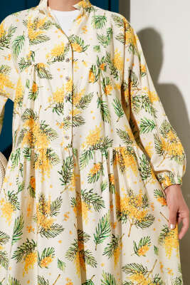 Çiçek Desenli Patlı Elbise Sarı - Tesettür Elbise