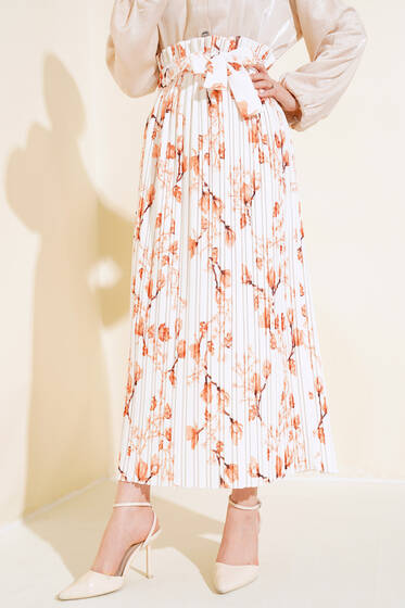 Çiçek Desenli Pileli Etek Camel - Etek