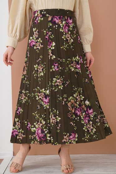 Çiçek Desenli Pileli Haki Etek - Uzun Etek