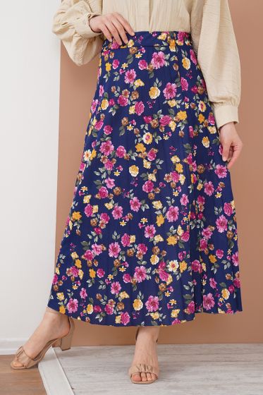 Çiçek Desenli Pileli İndigo Etek - Uzun Etek