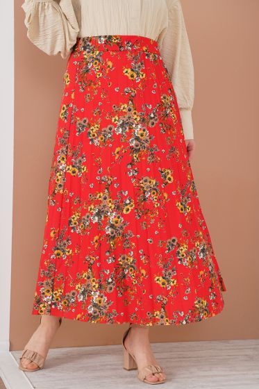 Çiçek Desenli Pileli Kırmızı Etek - Uzun Etek