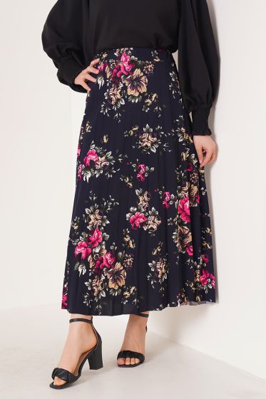 Çiçek Desenli Pileli Lacivert Etek - Uzun Etek