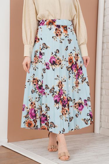 Çiçek Desenli Pileli Mint Etek - Uzun Etek