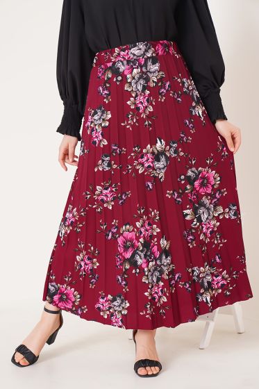 Çiçek Desenli Pileli Mürdüm Etek - Uzun Etek