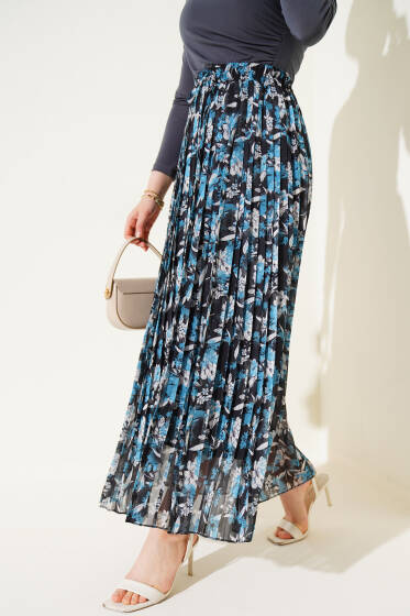 Çiçek Desenli Pileli Şifon Etek İndigo - Etek