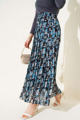 Çiçek Desenli Pileli Şifon Etek İndigo 