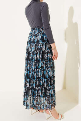 Çiçek Desenli Pileli Şifon Etek İndigo - Uzun Etek