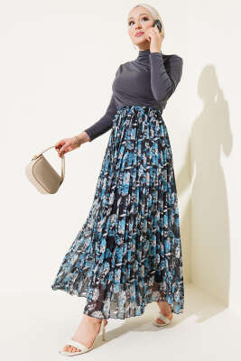 Çiçek Desenli Pileli Şifon Etek İndigo - Uzun Etek