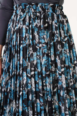 Çiçek Desenli Pileli Şifon Etek İndigo - Uzun Etek