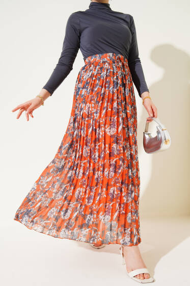 Çiçek Desenli Pileli Şifon Etek Oranj - Etek
