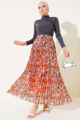 Çiçek Desenli Pileli Şifon Etek Oranj - Uzun Etek