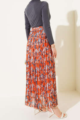 Çiçek Desenli Pileli Şifon Etek Oranj - Uzun Etek