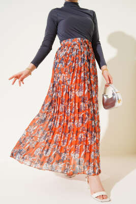 Çiçek Desenli Pileli Şifon Etek Oranj 