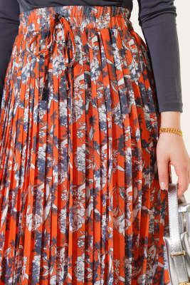 Çiçek Desenli Pileli Şifon Etek Oranj - Uzun Etek