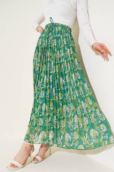 Çiçek Desenli Pileli Şifon Etek Yeşil - Etek