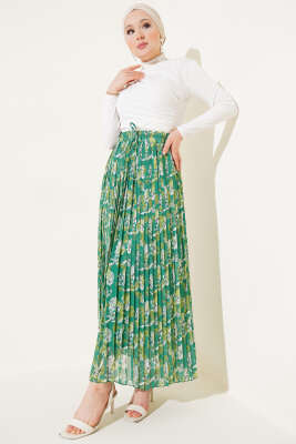 Çiçek Desenli Pileli Şifon Etek Yeşil - Uzun Etek