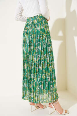 Çiçek Desenli Pileli Şifon Etek Yeşil - Uzun Etek