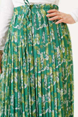 Çiçek Desenli Pileli Şifon Etek Yeşil - Uzun Etek