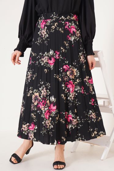 Çiçek Desenli Pileli Siyah Etek - Uzun Etek