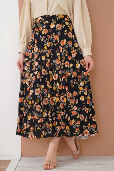 Çiçek Desenli Pileli Siyah Pudra Etek - Uzun Etek