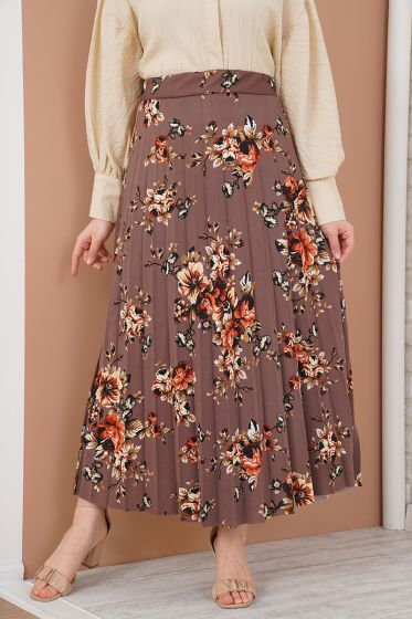 Çiçek Desenli Pileli Vizon Etek - Uzun Etek