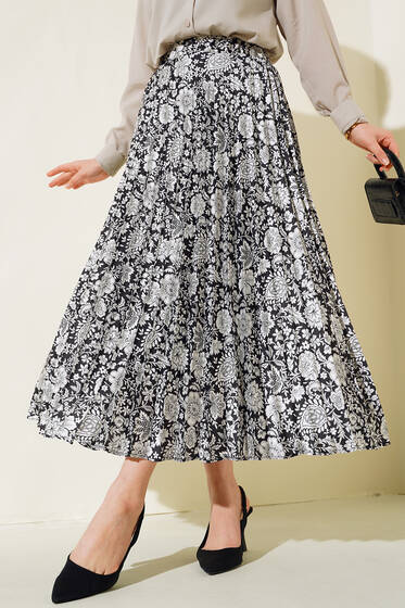 Çiçek Desenli Piliseli Saten Etek Siyah - Etek