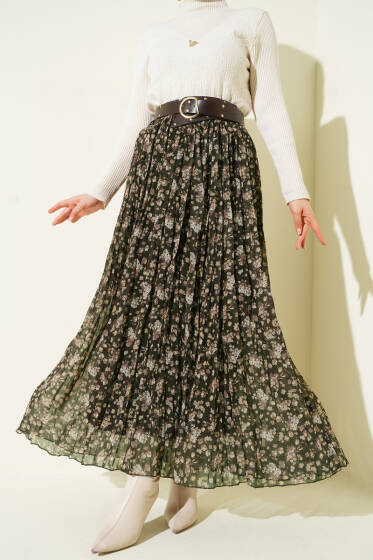 Çiçek Desenli Piliseli Şifon Etek Haki - Etek