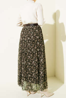 Çiçek Desenli Piliseli Şifon Etek Haki - Etek