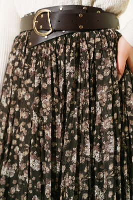 Çiçek Desenli Piliseli Şifon Etek Haki - Etek