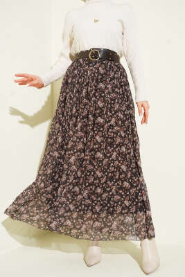 Çiçek Desenli Piliseli Şifon Etek Kahve - CALİENTE