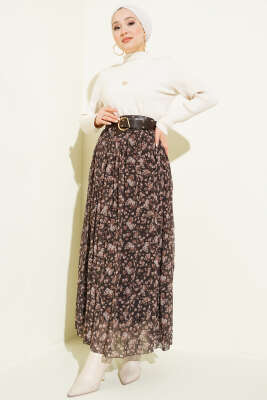 Çiçek Desenli Piliseli Şifon Etek Kahve - Etek