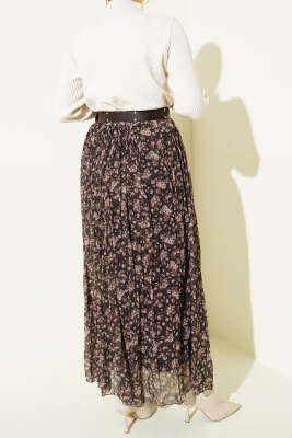 Çiçek Desenli Piliseli Şifon Etek Kahve - Etek